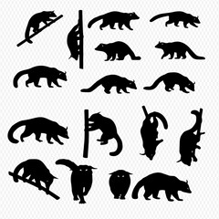A collection of silhouetted civets in various poses, including climbing, standing, and lying down, against a transparent background.