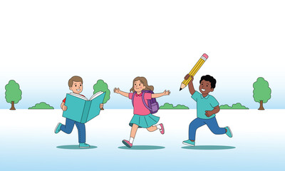 Three children running happily. One reading a book, another with a backpack, and the third holding a large pencil.