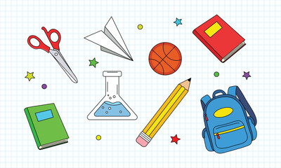 Colorful cartoon illustration of school supplies and stationery items on a grid background.