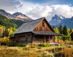 Obraz premium Rustic cabin nestled in autumnal valley