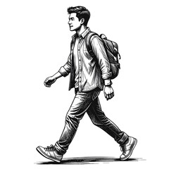 Hand-Drawn Sketch of Asian Man in Comfort Clothes Walking, Transparent Background