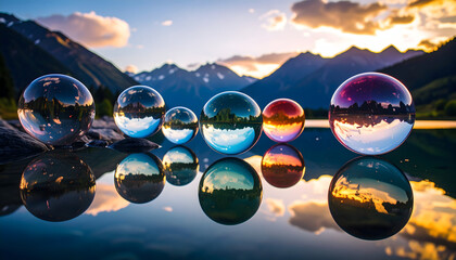 Colorful Glass Balls Reflecting Sunset Over Mountains