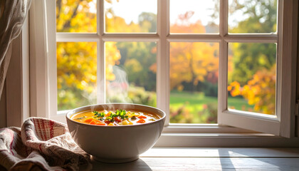 Steaming Bowl of Autumn Vegetable Soup by Sunny Window