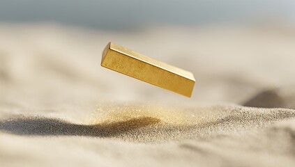 Golden rectangular prism levitating over sand