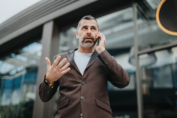 A confident businessperson gesturing while engaging in a phone conversation outdoors near a modern...