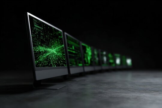 Multiple monitors display green coded data flow