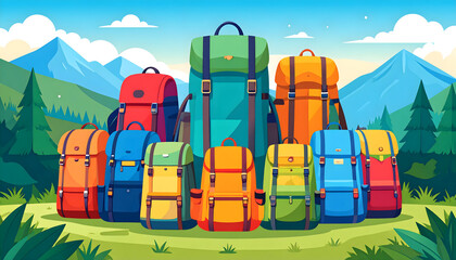 Colorful Backpacks in Mountain Landscape