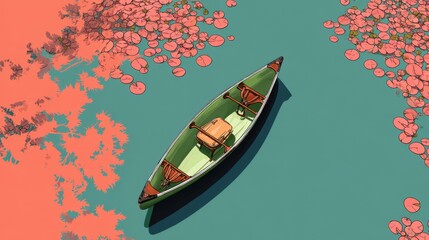 Obraz premium Simplified top-down: Pistachio green canoe centered on powder blue lake, lily pads in coral, mirrored silhouette, no details