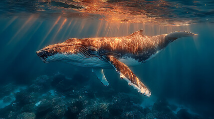 an image of whale in a light ocean, realistic photography