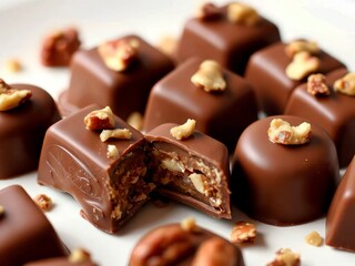 Chocolate pralines with nuts on white plate, close-up view