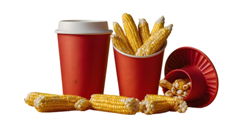 Sweet Corn Cups: Delightful composition of vibrant red cups and fresh, golden sweet corn, creating a visually appealing food arrangement.