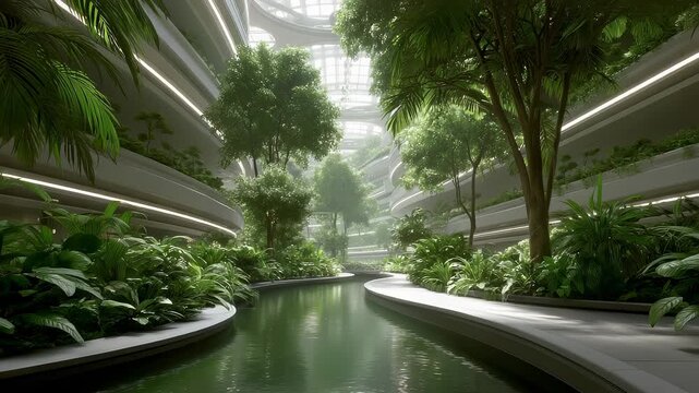 Futuristic Green Architecture Indoor Waterscape Park