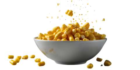 Golden Corn Bowl: A bowl of golden corn kernels, some mid-air, with a focus on the texture and color contrast of the maize.