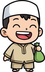 Obraz premium Happy Muslim boy holding green money bag smiling in traditional clothing vector illustration 