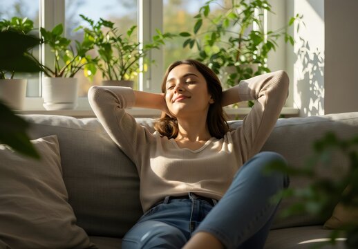 Peaceful Woman Enjoying a Moment of Serene Relaxation on a Sofa in a Sunlit Room, Healthy life style, good vibes people and new home concept