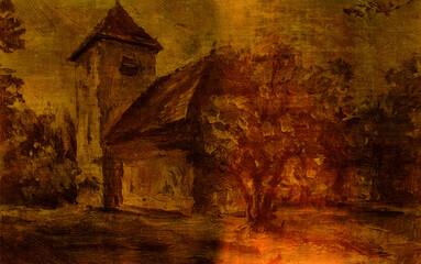 Warm-hued depiction of a rustic building and tree during late afternoon light