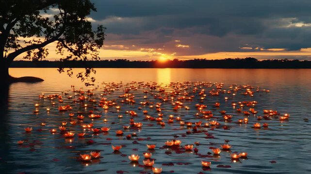 Serene lake at dusk with numerous floating candles illuminating the calm water surface at night