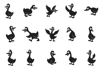 Funny cartoon duck character silhouette set. Vector collection of a goofy retro duckling in various poses like walking, running, and flapping wings