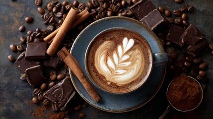 Cappuccino with latte art and cinnamon sticks surrounded by chocolate and coffee beans