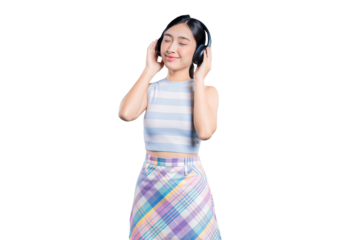 A serene young Asian woman with her eyes closed, blissfully enjoying her favorite music or podcast on headphones on png
