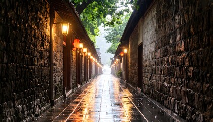 Fototapeta premium Misty alleyway, rain, stone walls
