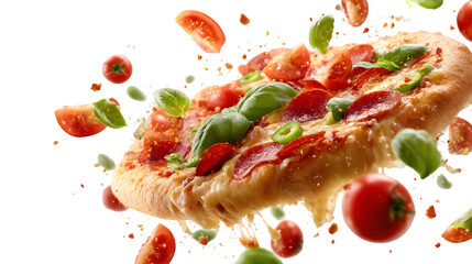 Pizza Explosion: A delectable pizza showcases the art of culinary creativity, a symphony of ingredients soaring through the air with mouthwatering allure. 