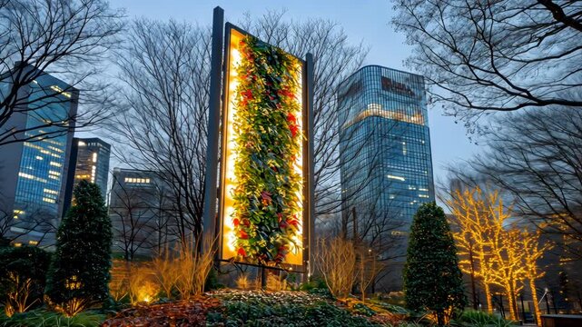 Illuminated vertical garden in city park at twilight