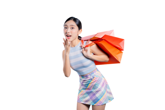 A surprised young Asian woman with shopping bags, her hand to her mouth in shock and amazement at a sale or gossip.on png
- Powered by Adobe