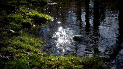 Fototapeta premium Ripples of sunlight on a small woodland pool.