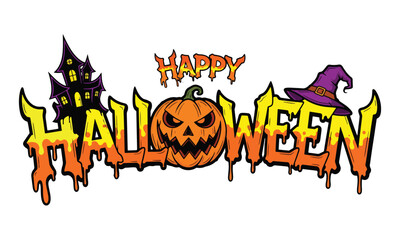 Happy Halloween greeting with dripping text, a jack-o'-lantern, haunted house, and witch's hat.