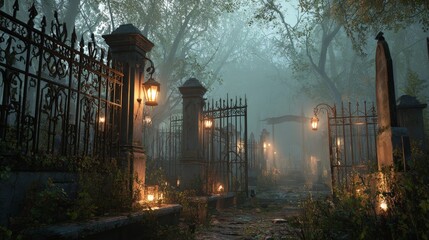 Misty haunted cemetery with iron gates and lanterns at dusk