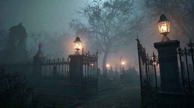 Eerie foggy night in a haunted graveyard with illuminated lanterns and gothic iron gates