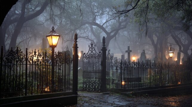 Misty old cemetery with wrought iron gates and lanterns at night - Powered by Adobe