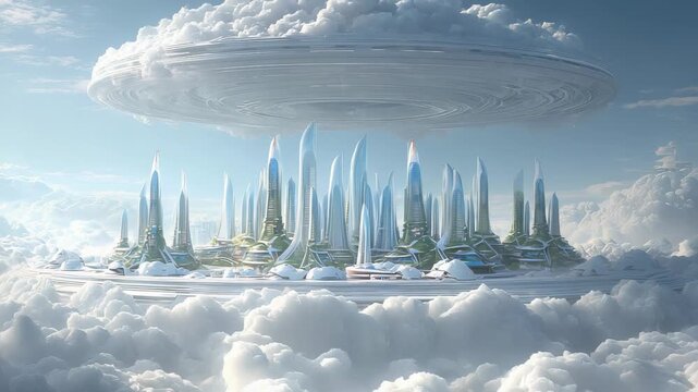 White futuristic towers rise above soft clouds under massive hovering saucer on bright sky background. Concept of utopian airborne architecture
