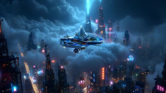 Futuristic flying vehicle with blue neon lights hovers above cloud-covered cyberpunk city with glowing towers and digital haze. Concept of dystopian high-tech metropolis