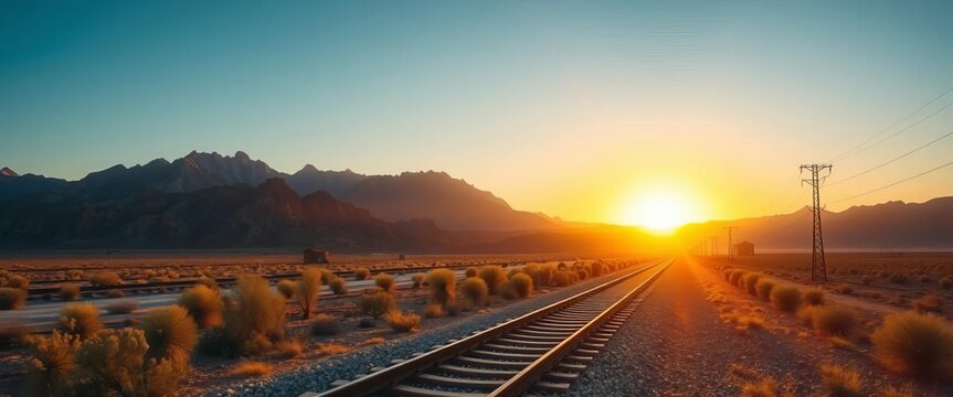 Golden hour sunset bathes desert landscape, old railroad tracks and telegraph line, majestic mountains backdrop,  landscape,  sand