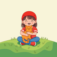A smiling girl in a red hat sits cross-legged on a grassy hill, lovingly hugging an orange tabby cat.