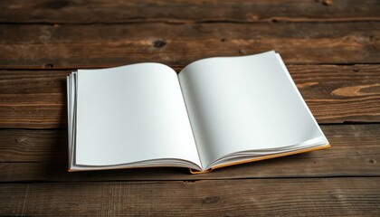 Fototapeta premium Open blank book resting on a weathered wooden surface, ready for content