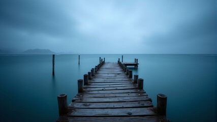 Fototapeta premium Serene Wooden Pier Extending into Calm Waters