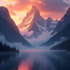 Surreal Cinematic Landscape of Jagged Mountains at Golden Hour with Reflective Lake
