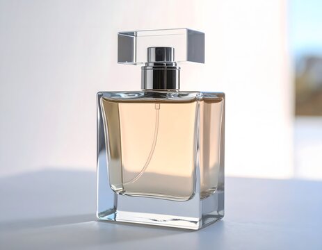 Perfume advertisement, bottle and minimalism: Transparent rectangular perfume bottle shot in studio, soft gradients in background.