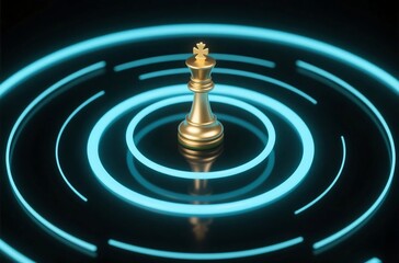 Golden king chess piece with digital rings on black surface, top-down minimalist visual for leadership and strategic power concept