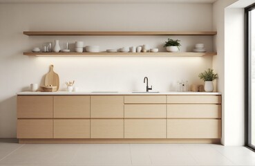 Flat-panel oak kitchen with white stone top and concealed lights, compact minimalist setup for modern apartment interior design
