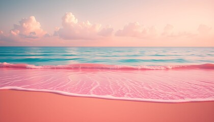 Obraz premium pink sand beach, crystal clear turquoise ocean, fluffy white clouds, vibrant blue sky, serene tropical paradise, hyper-realistic