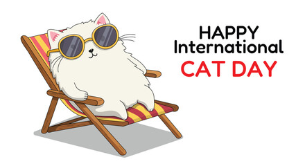 A fluffy white cat, wearing sunglasses, relaxes in a striped beach chair, celebrating International Cat Day. © kaab zaelani
