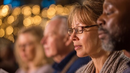 Fototapeta premium Diverse group meditating with closed eyes in peaceful ambient lighting