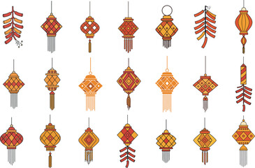 Flat Vector Set of Colorful Diwali Lanterns and Firecrackers for Festival Decoration .

