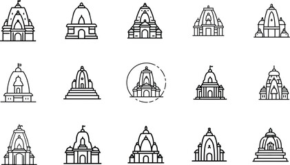 Hindu Temple Outline Icon Set  Minimal Indian Temple Vector Collection in Line Art Style .