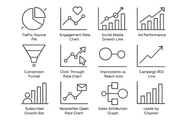Fototapeta premium Data analytics icons: charts, graphs, and metrics for business insight