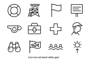 Beach safety icon set featuring lifeguard and safety equipment symbols